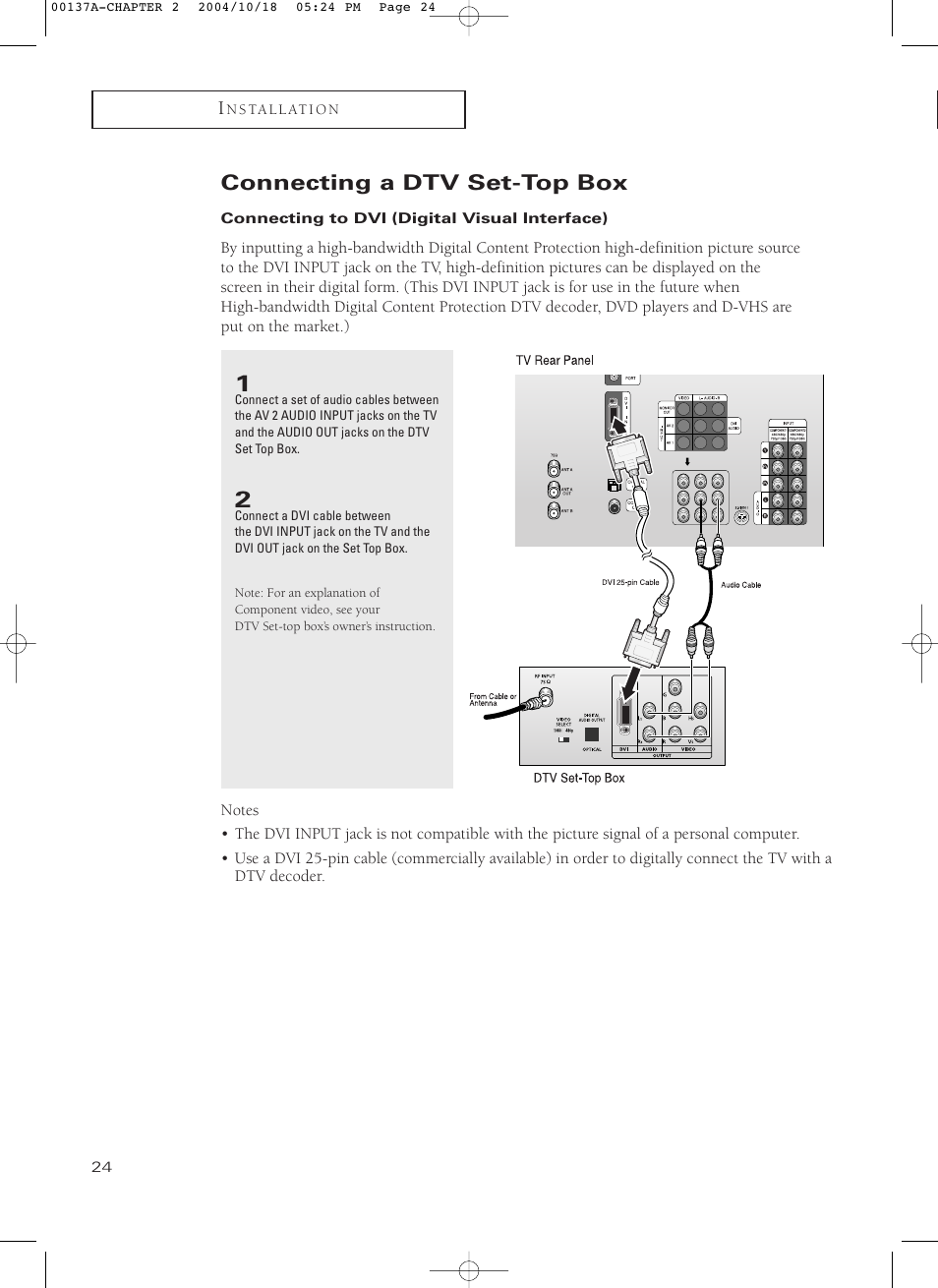 Connecting a dtv set-top box, Connecting to dvi(digital visual interface) | Samsung HCN479W User Manual | Page 24 / 87