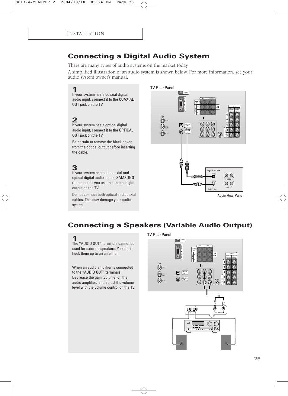 Connecting a digital audio system, Connecting a speakers (variable audio output), Connecting a speakers | Samsung HCN479W User Manual | Page 25 / 87