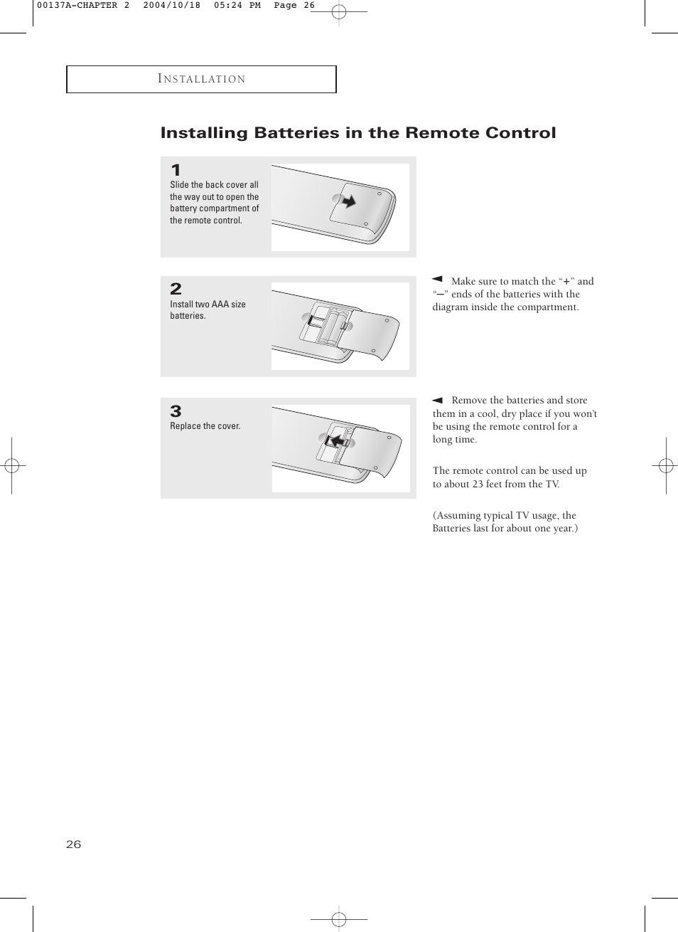 Installing batteries in the remote control | Samsung HCN479W User Manual | Page 26 / 87