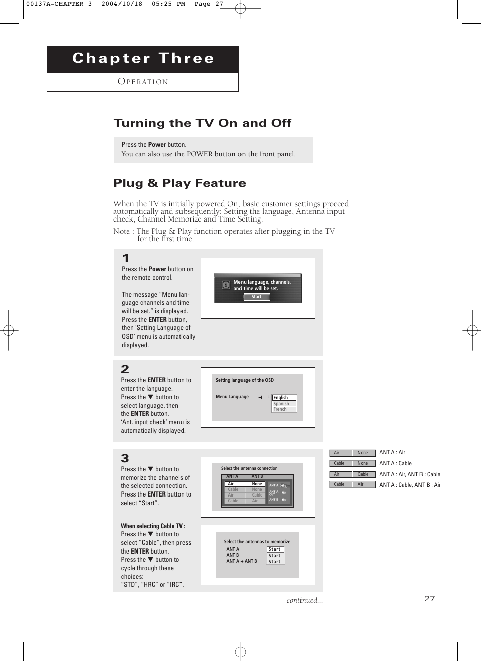 Chapter 3: operation, Turning the tv on and off, Plug & play feature | Samsung HCN479W User Manual | Page 27 / 87