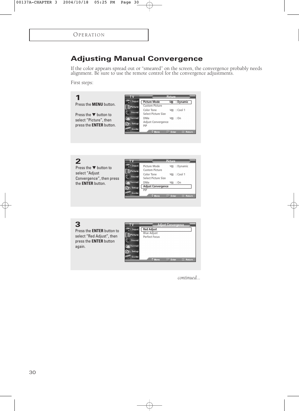 Adjusting manual convergence | Samsung HCN479W User Manual | Page 30 / 87