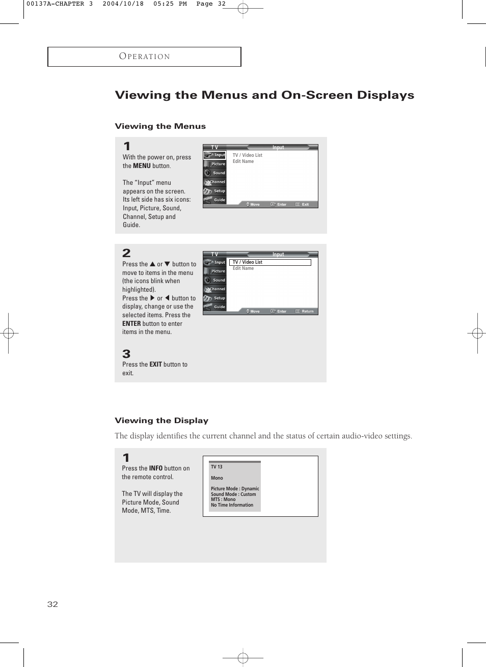 Viewing the menus and on-screen displays, Viewing the menus, Viewing the display | Samsung HCN479W User Manual | Page 32 / 87
