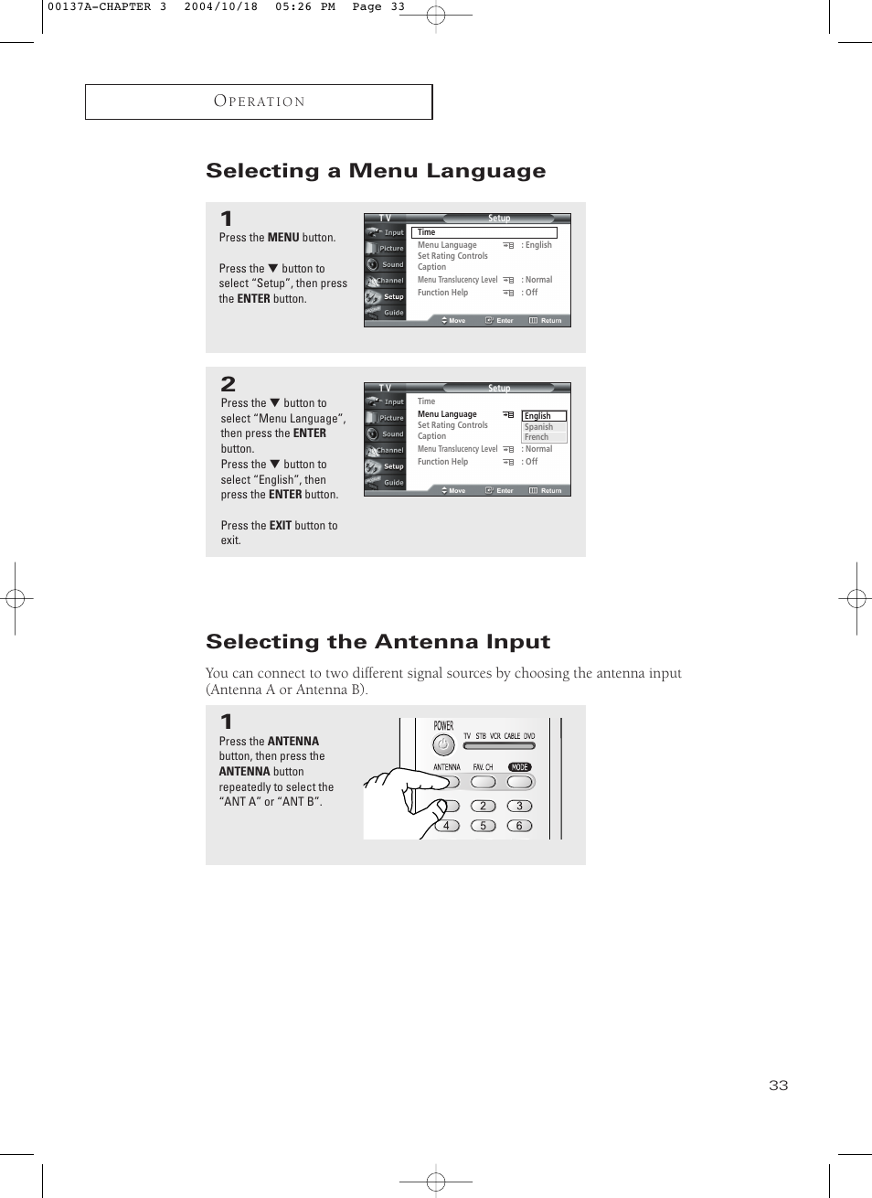 Selecting a menu language, Selecting the antenna input | Samsung HCN479W User Manual | Page 33 / 87