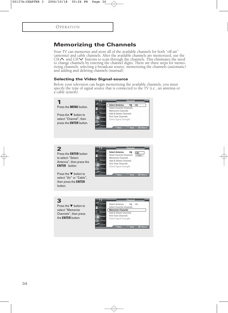 Memorizing the channels, Selecting the video signal-source | Samsung HCN479W User Manual | Page 34 / 87