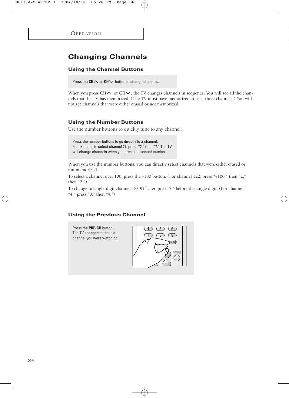 Changing channels, Using the channel buttons, Using the number buttons | Using the previous channel | Samsung HCN479W User Manual | Page 36 / 87