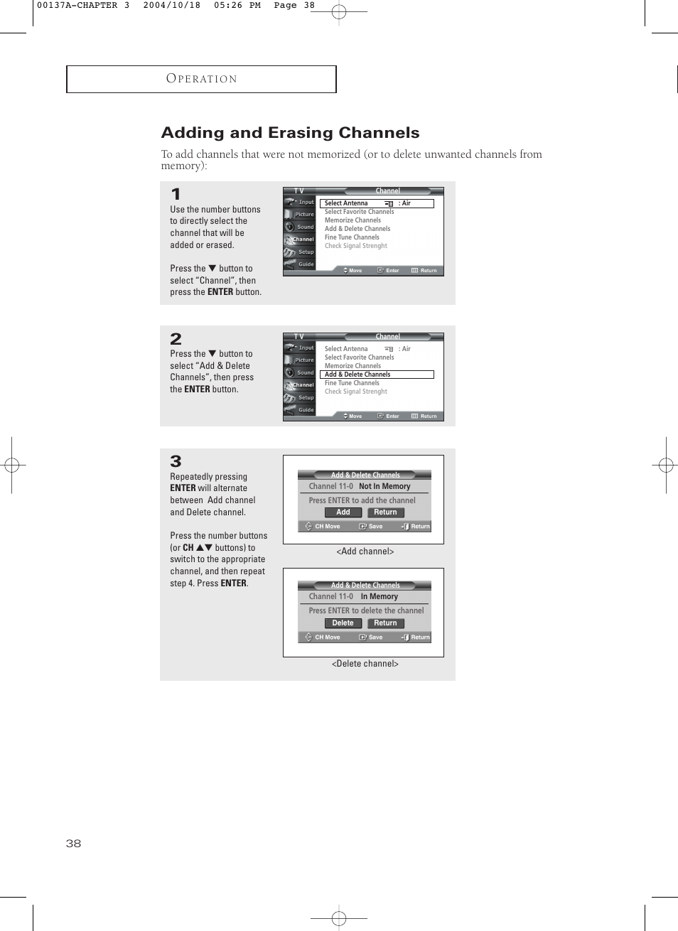 Adding and erasing channels | Samsung HCN479W User Manual | Page 38 / 87