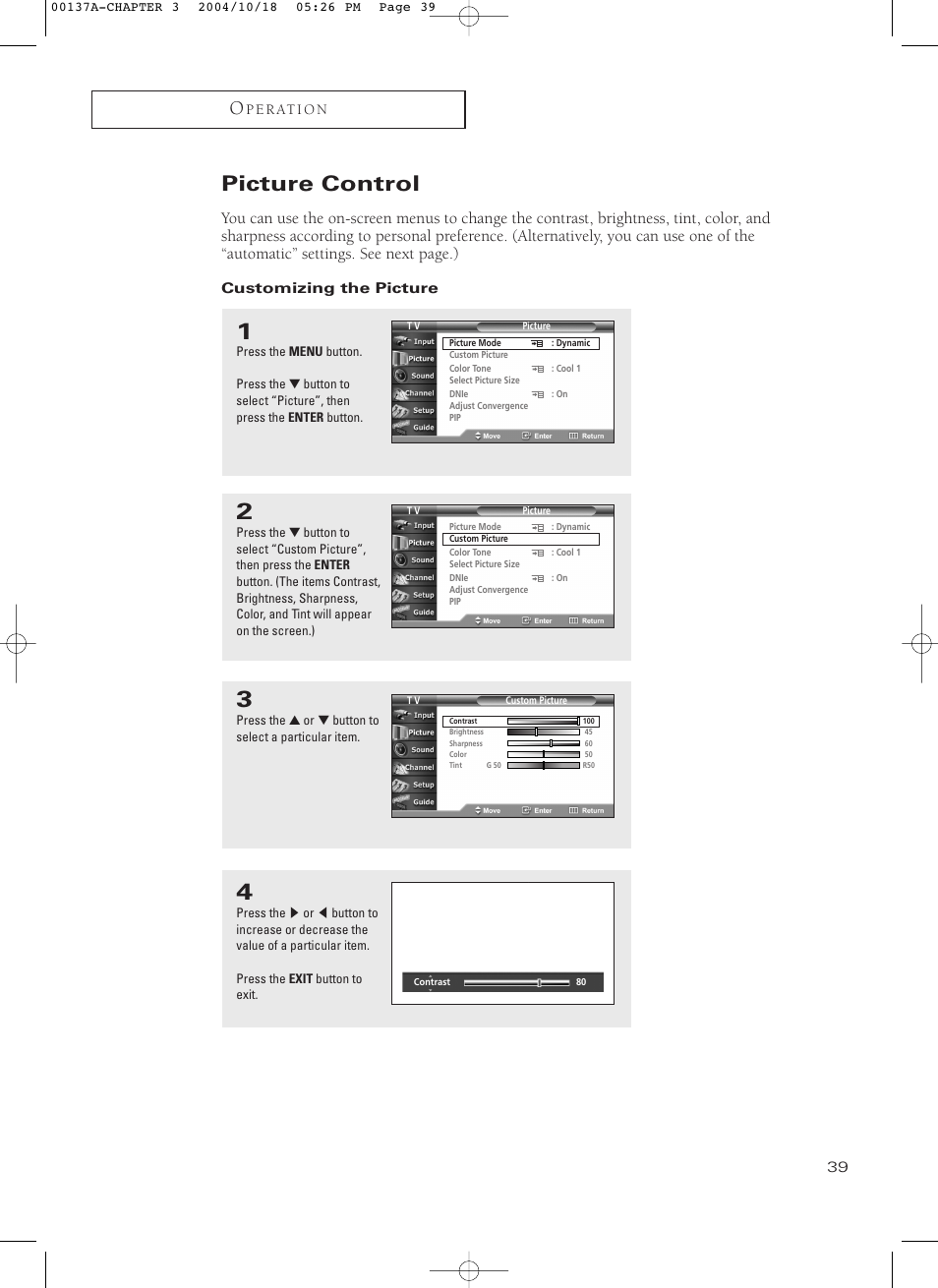 Picture control, Customizing the picture | Samsung HCN479W User Manual | Page 39 / 87