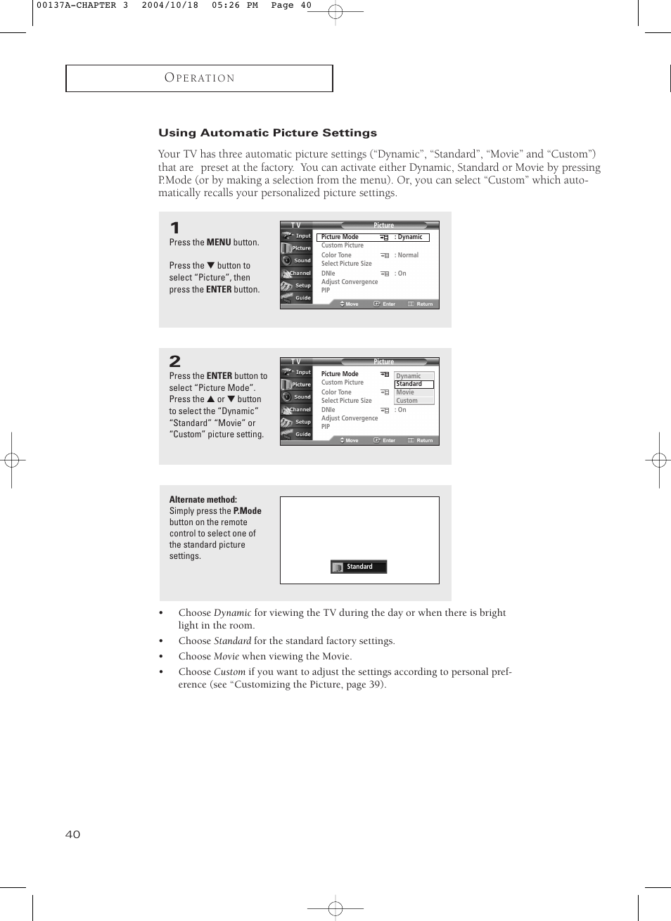 Using automatic picture settings | Samsung HCN479W User Manual | Page 40 / 87
