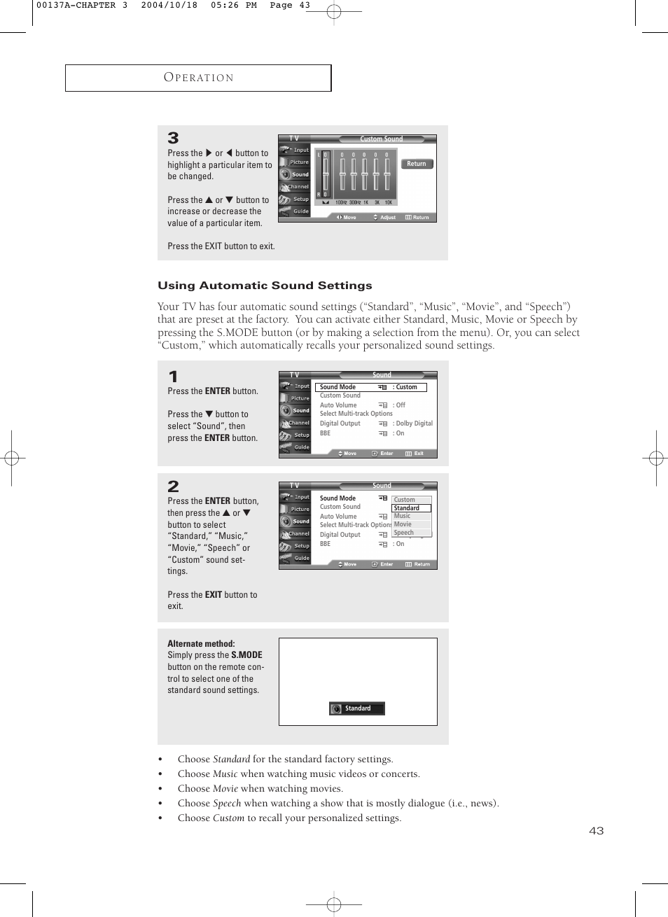 Using automatic sound settings | Samsung HCN479W User Manual | Page 43 / 87