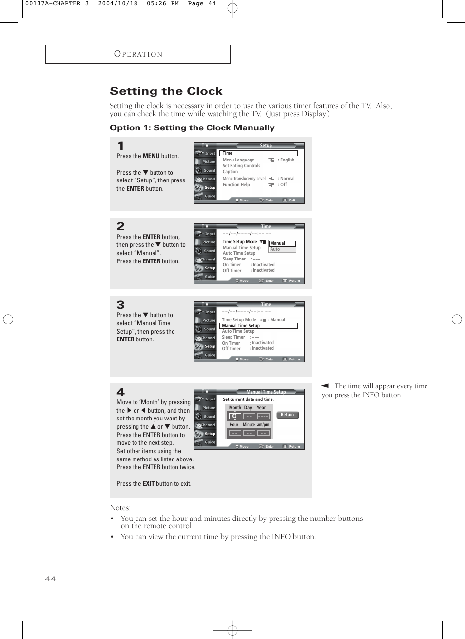 Setting the clock, Option 1: setting the clock manually | Samsung HCN479W User Manual | Page 44 / 87