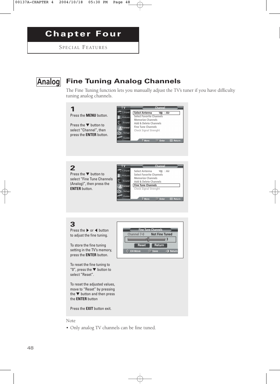 Chapter 4: special features, Fine tuning analog channels, Analog | Samsung HCN479W User Manual | Page 48 / 87
