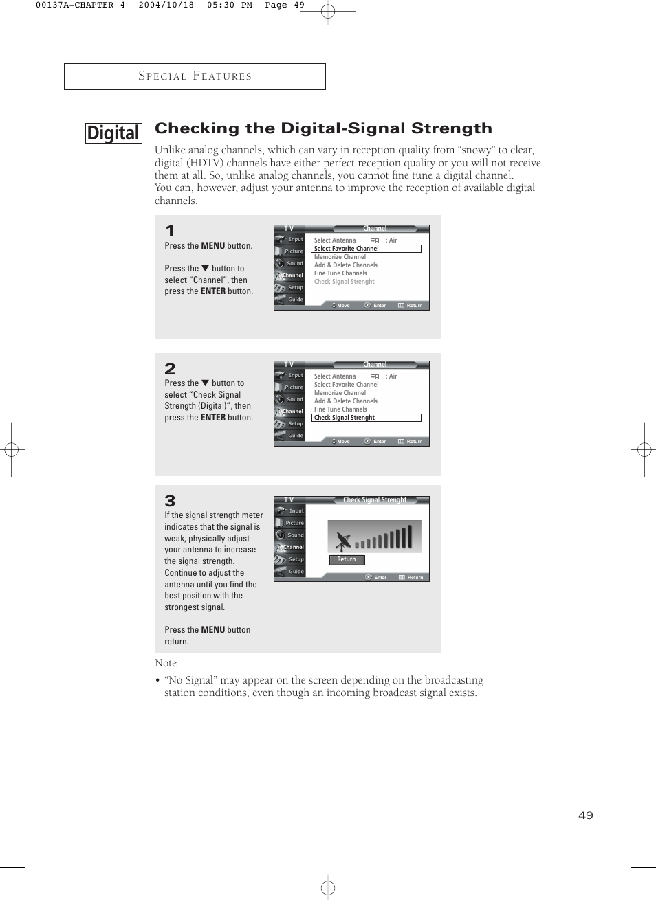 Checking the digital-signal strength, Digital | Samsung HCN479W User Manual | Page 49 / 87