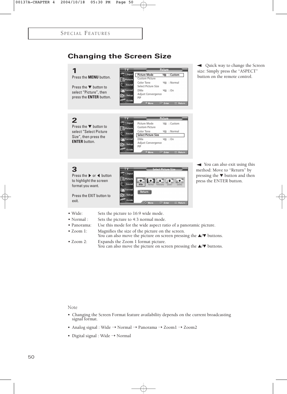 Changing the screen size | Samsung HCN479W User Manual | Page 50 / 87