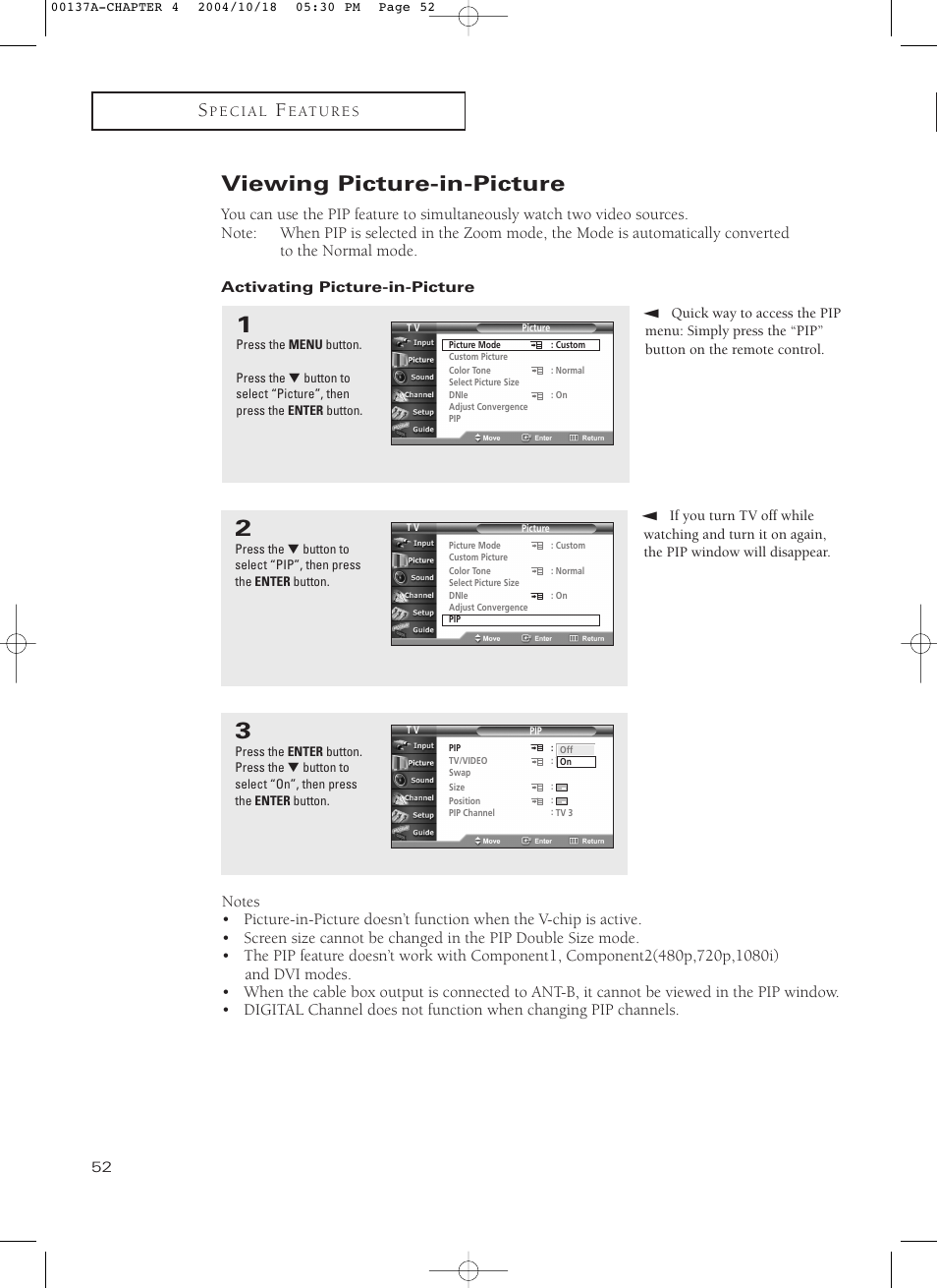 Viewing picture-in-picture, Activating picture-in-picture | Samsung HCN479W User Manual | Page 52 / 87