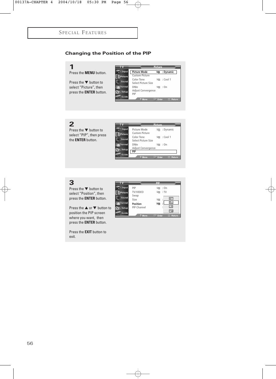 Changing the position of the pip | Samsung HCN479W User Manual | Page 56 / 87