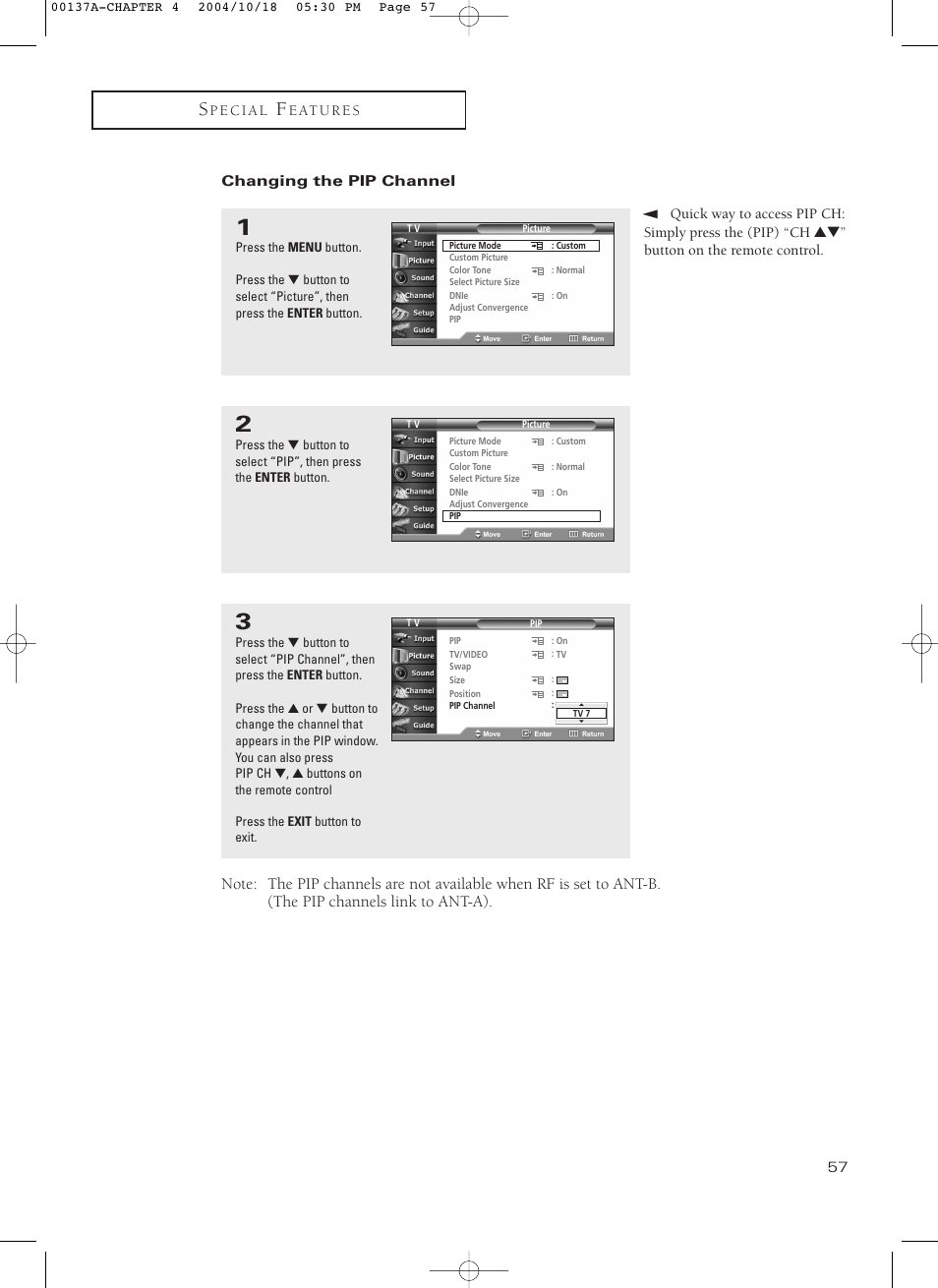 Changing the pip channel | Samsung HCN479W User Manual | Page 57 / 87