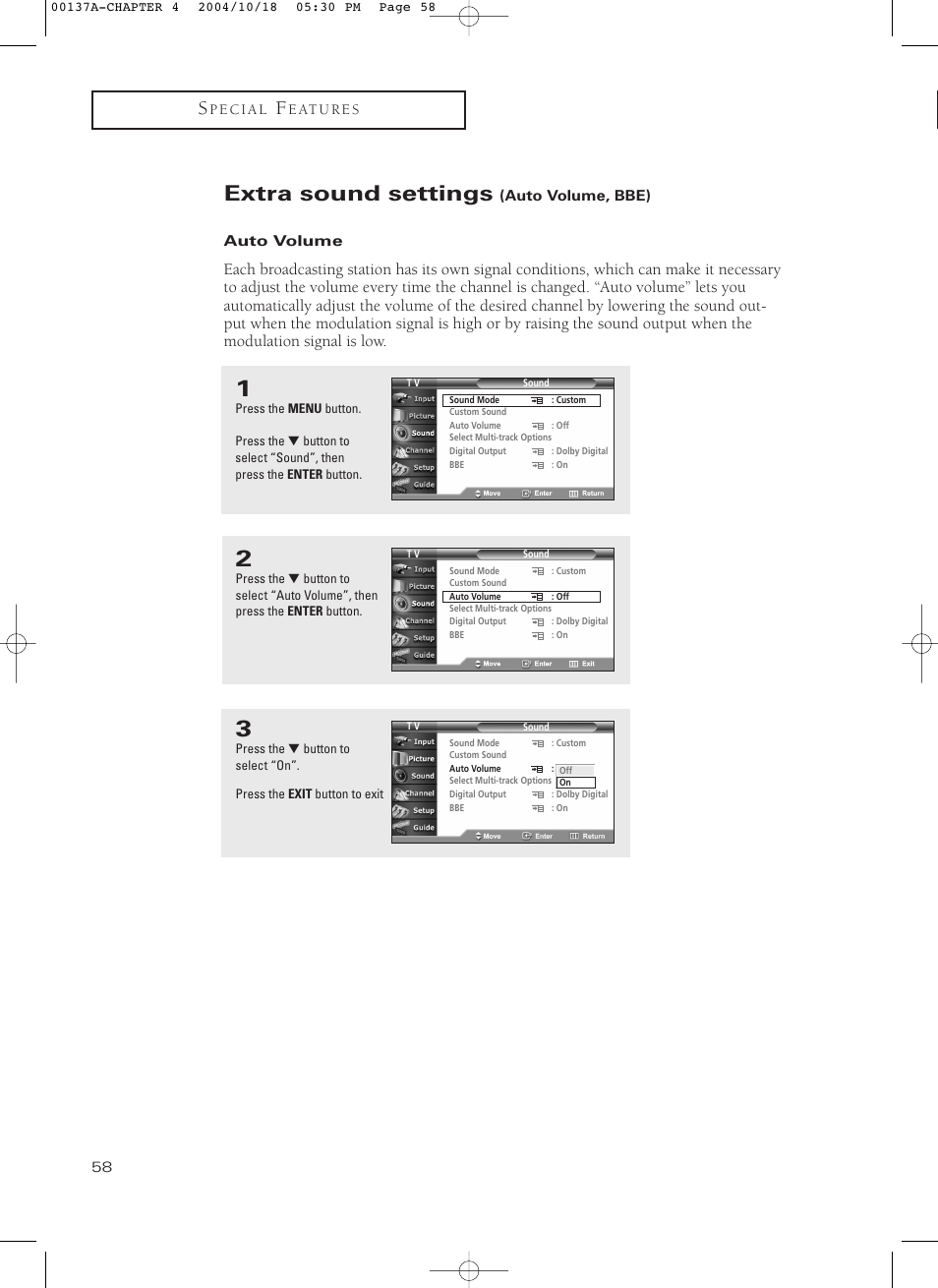 Extra sound settings (auto volume, bbe), Auto volume, Extra sound settings | Samsung HCN479W User Manual | Page 58 / 87