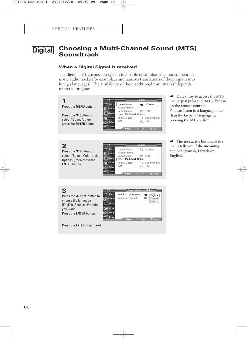 Choosing a multi-channel sound (mts) soundtrack, When a digital signal is received, Digital | Samsung HCN479W User Manual | Page 60 / 87