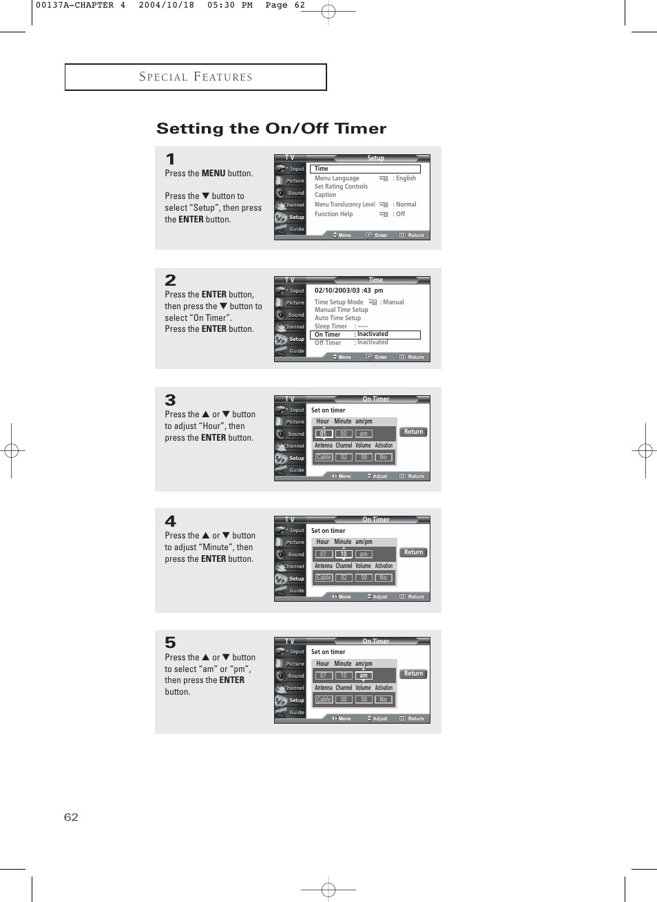 Setting the on/off timer | Samsung HCN479W User Manual | Page 62 / 87