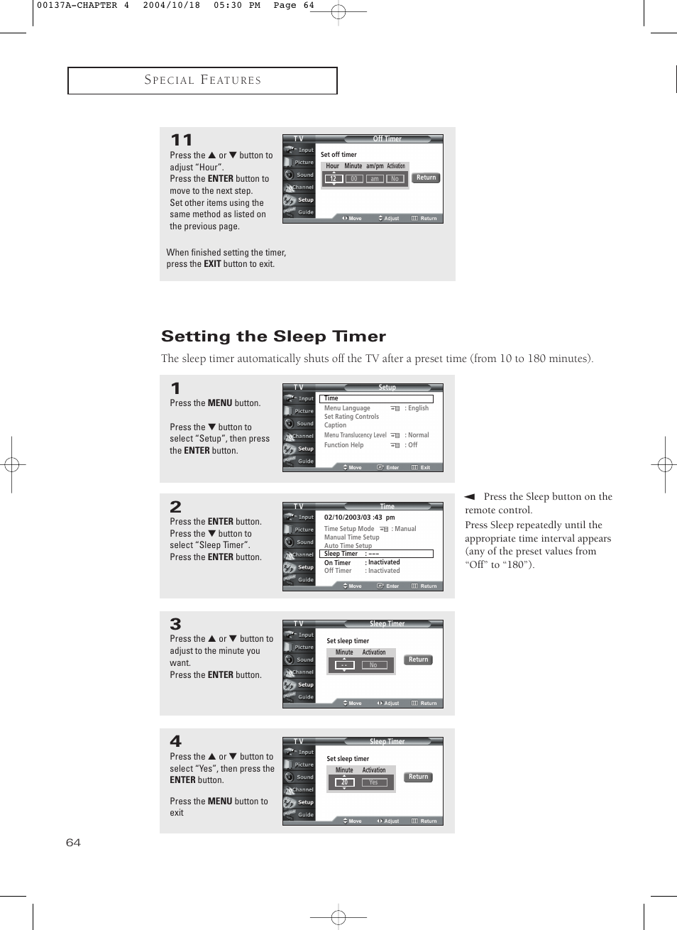 Setting the sleep timer | Samsung HCN479W User Manual | Page 64 / 87