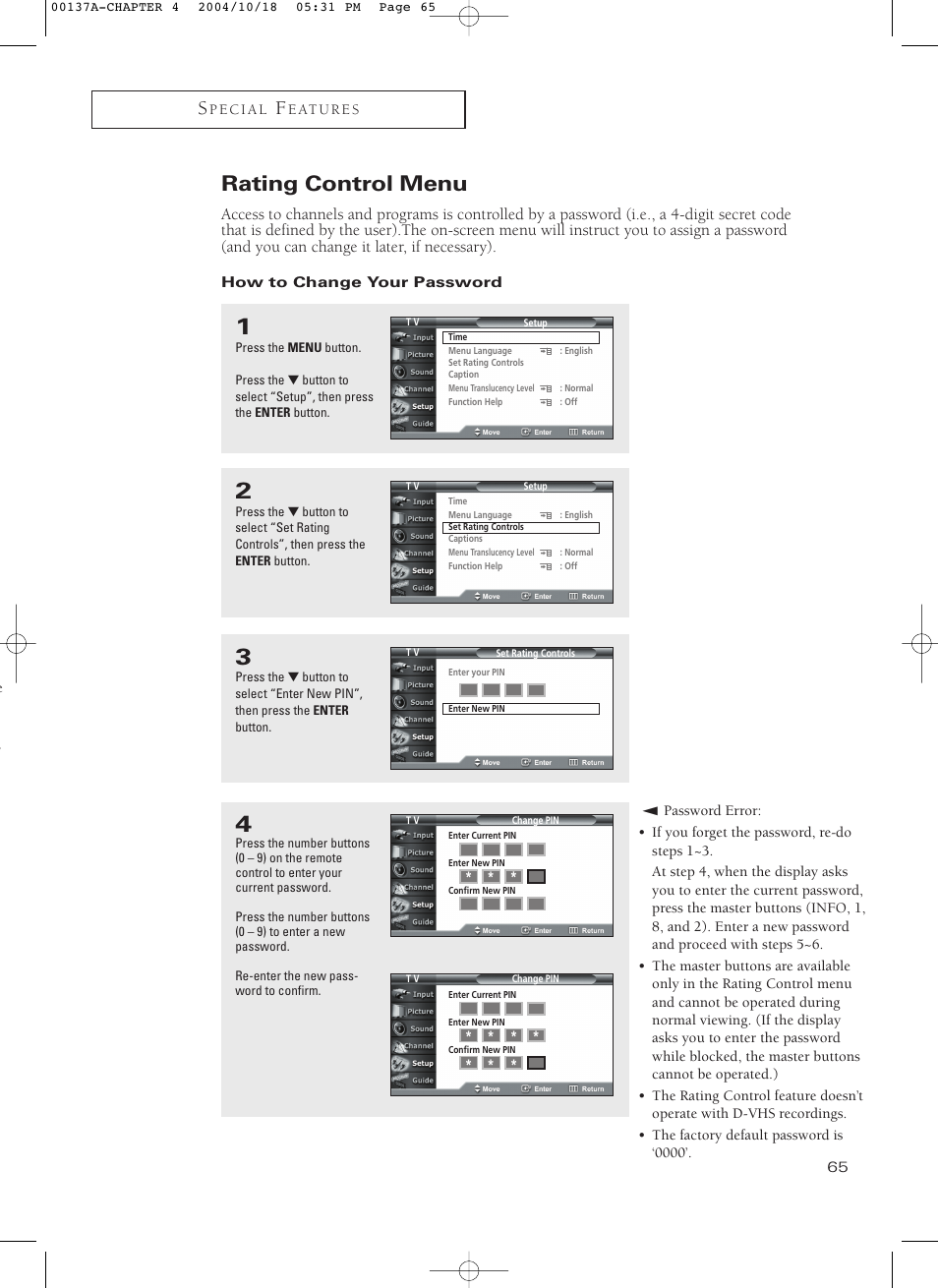 Rating control menu, How to change your password | Samsung HCN479W User Manual | Page 65 / 87