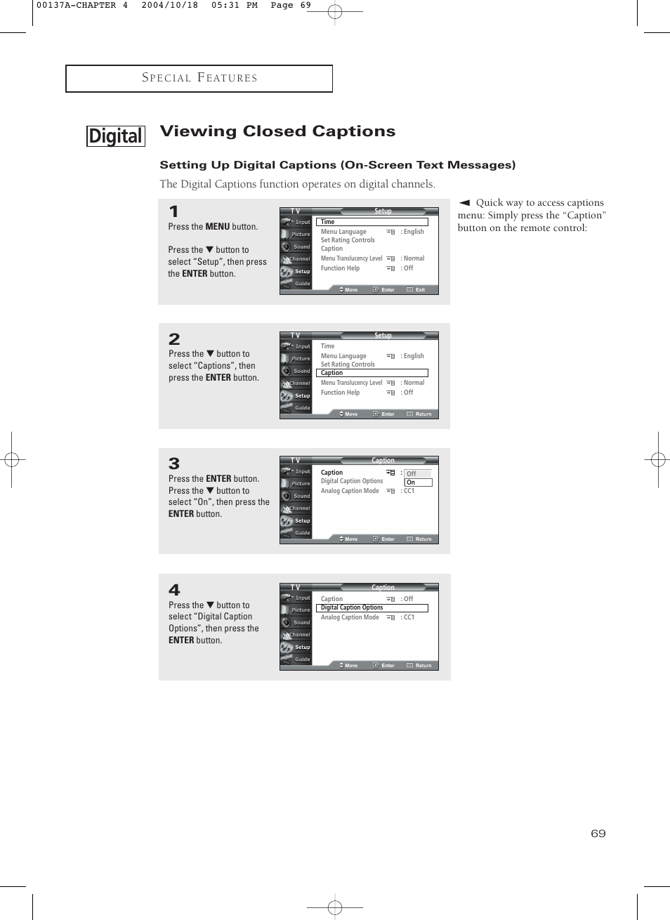 Viewing closed caption, Digital, Viewing closed captions | Samsung HCN479W User Manual | Page 69 / 87