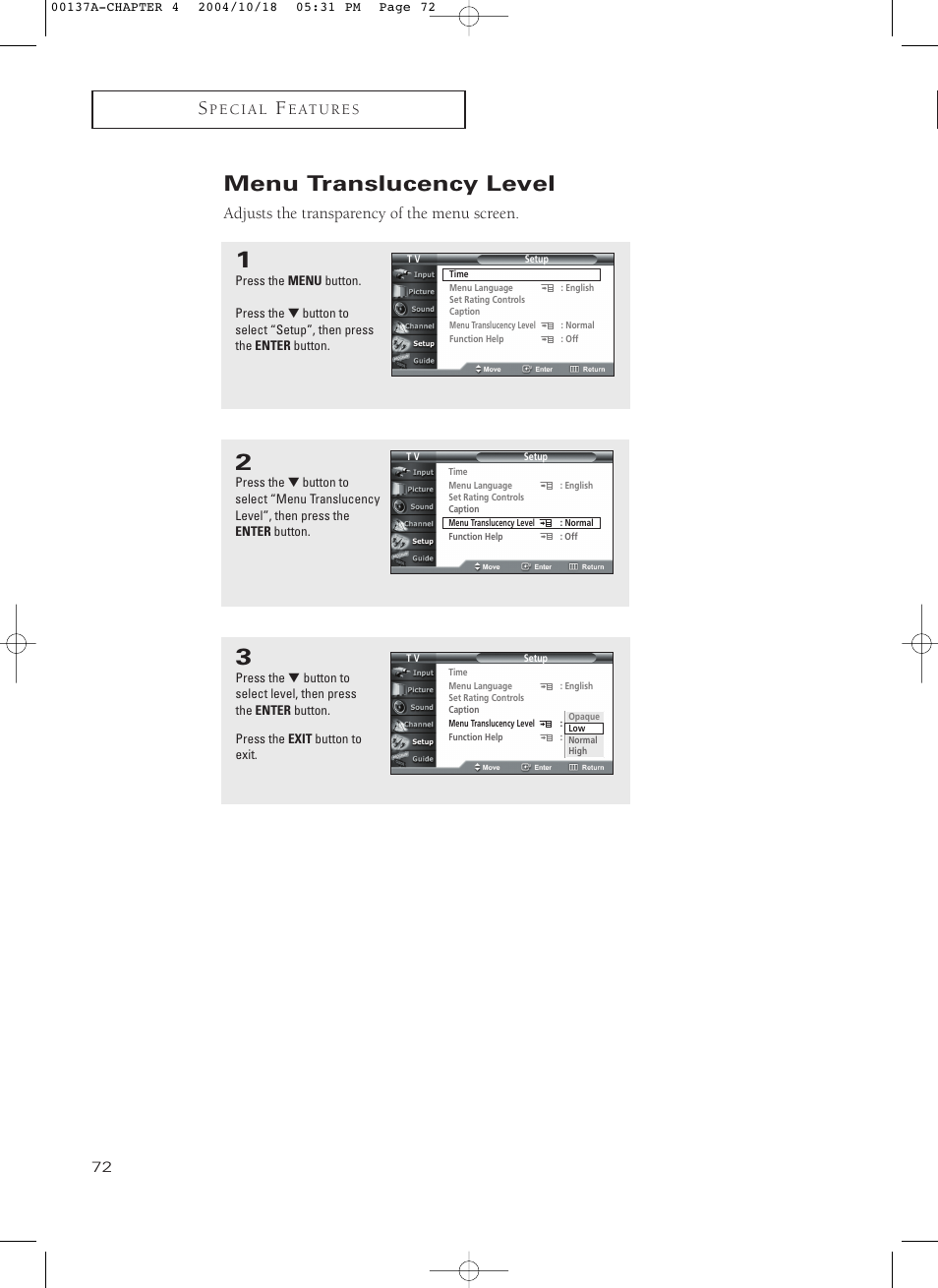 Menu translucency level, Adjusts the transparency of the menu screen | Samsung HCN479W User Manual | Page 72 / 87