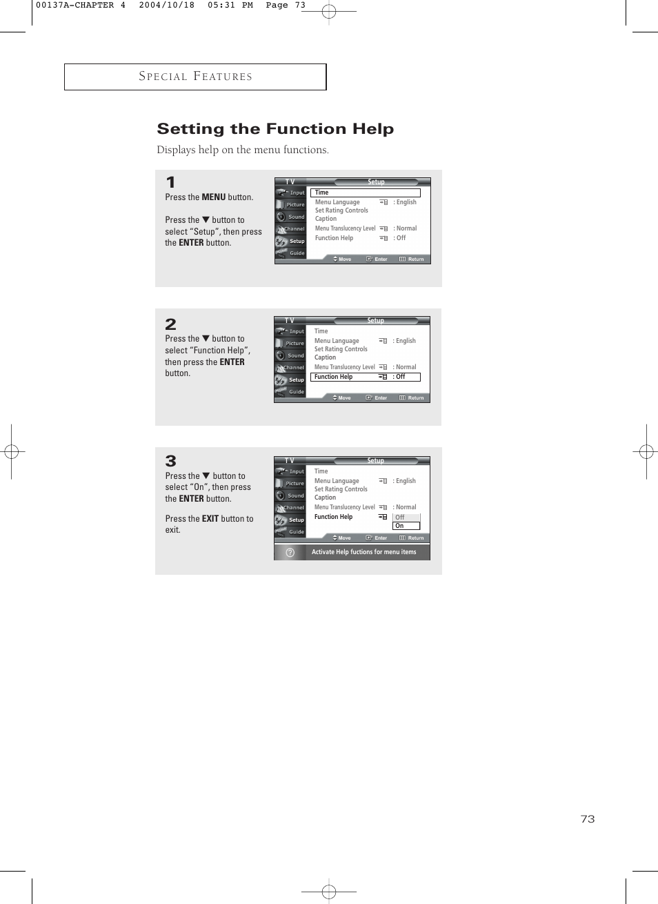 Setting the function help, Displays help on the menu functions | Samsung HCN479W User Manual | Page 73 / 87
