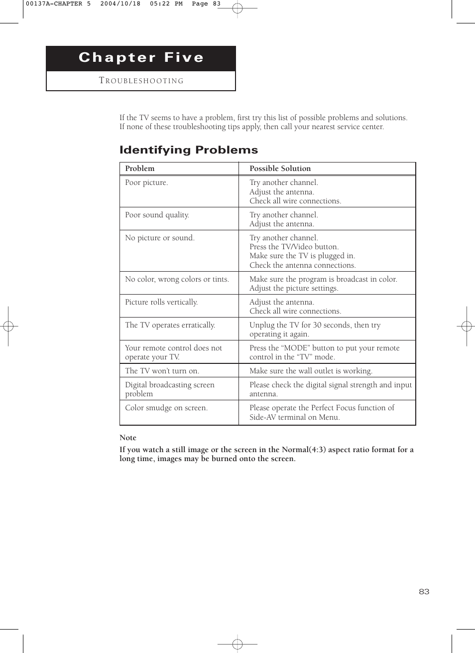 Chapter 5: troubleshooting, Identifying problems | Samsung HCN479W User Manual | Page 83 / 87