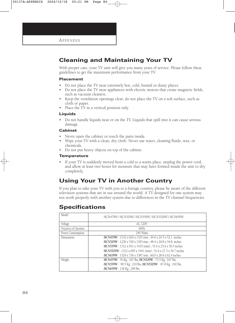 Appendix, Cleaning and maintaining your tv, Using your tv in another country | Specifications | Samsung HCN479W User Manual | Page 84 / 87