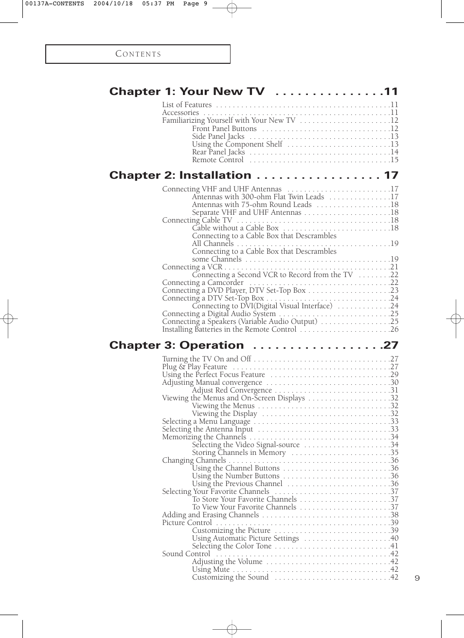 Chapter 1: your new tv, Chapter 2: installation, Chapter 3: operation | Samsung HCN479W User Manual | Page 9 / 87