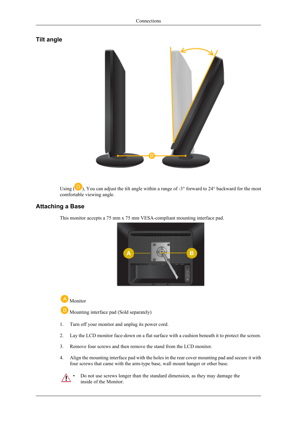 Tilt angle, Attaching a base | Samsung 2063UW User Manual | Page 13 / 31