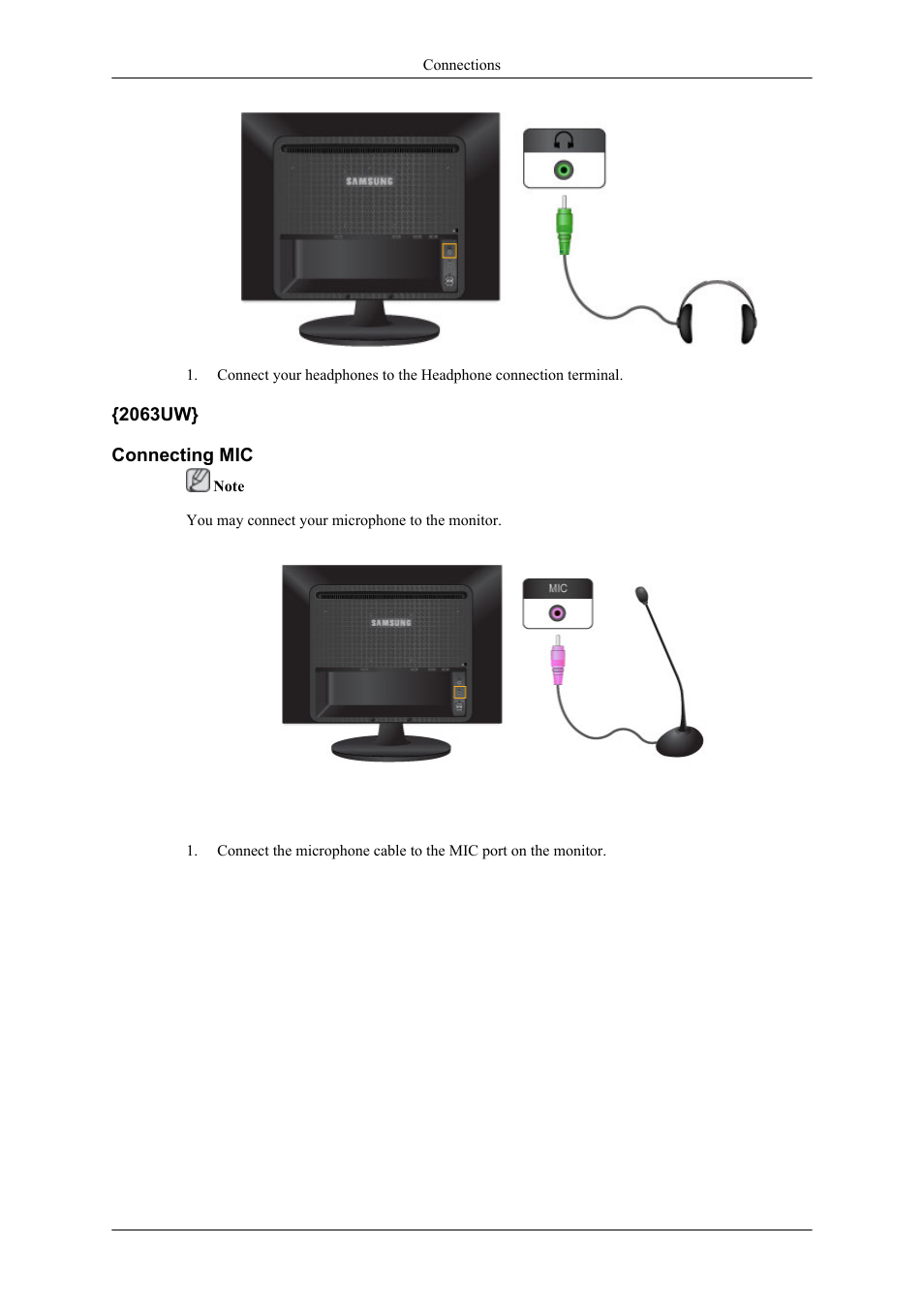 2063uw} connecting mic | Samsung 2063UW User Manual | Page 17 / 31