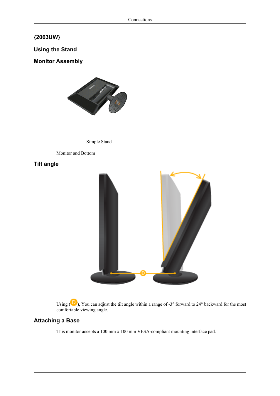 2063uw} using the stand, Monitor assembly, Tilt angle | Attaching a base | Samsung 2063UW User Manual | Page 18 / 31