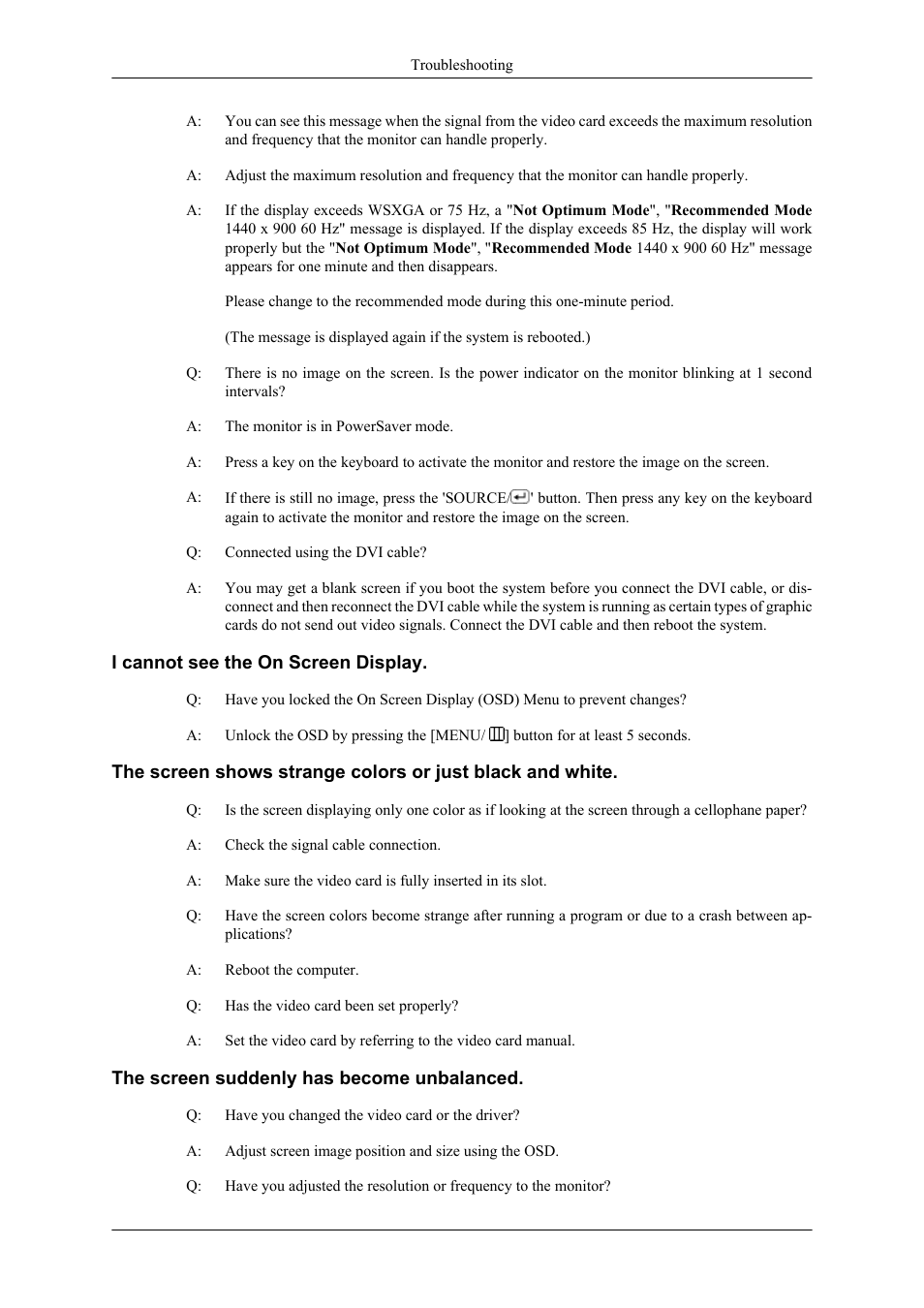 I cannot see the on screen display, The screen suddenly has become unbalanced | Samsung 2063UW User Manual | Page 22 / 31