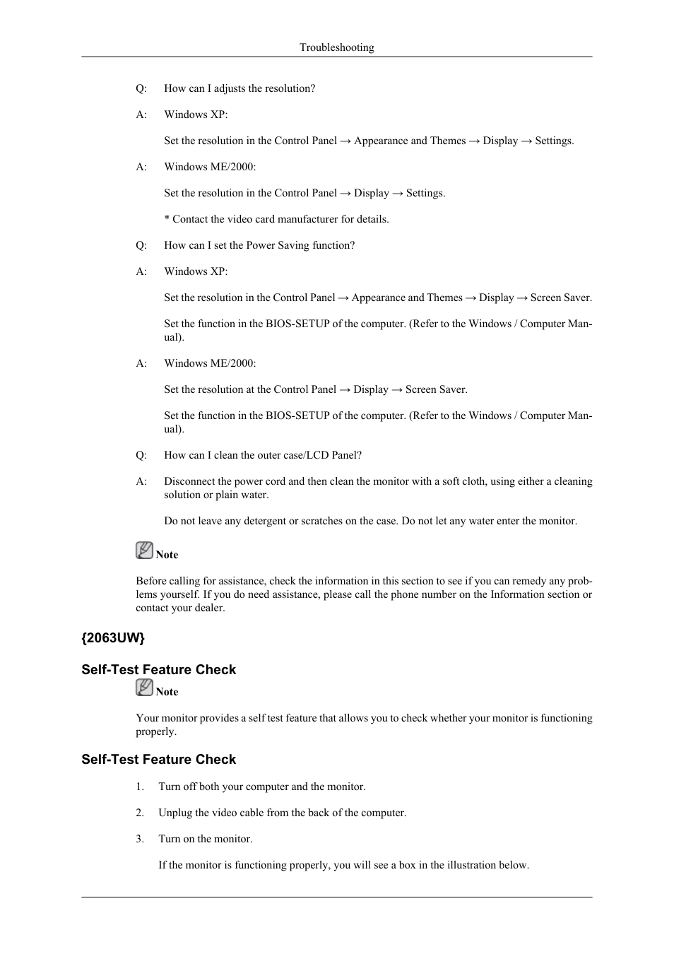 2063uw, 2063uw} self-test feature check, Self-test feature check | Samsung 2063UW User Manual | Page 25 / 31