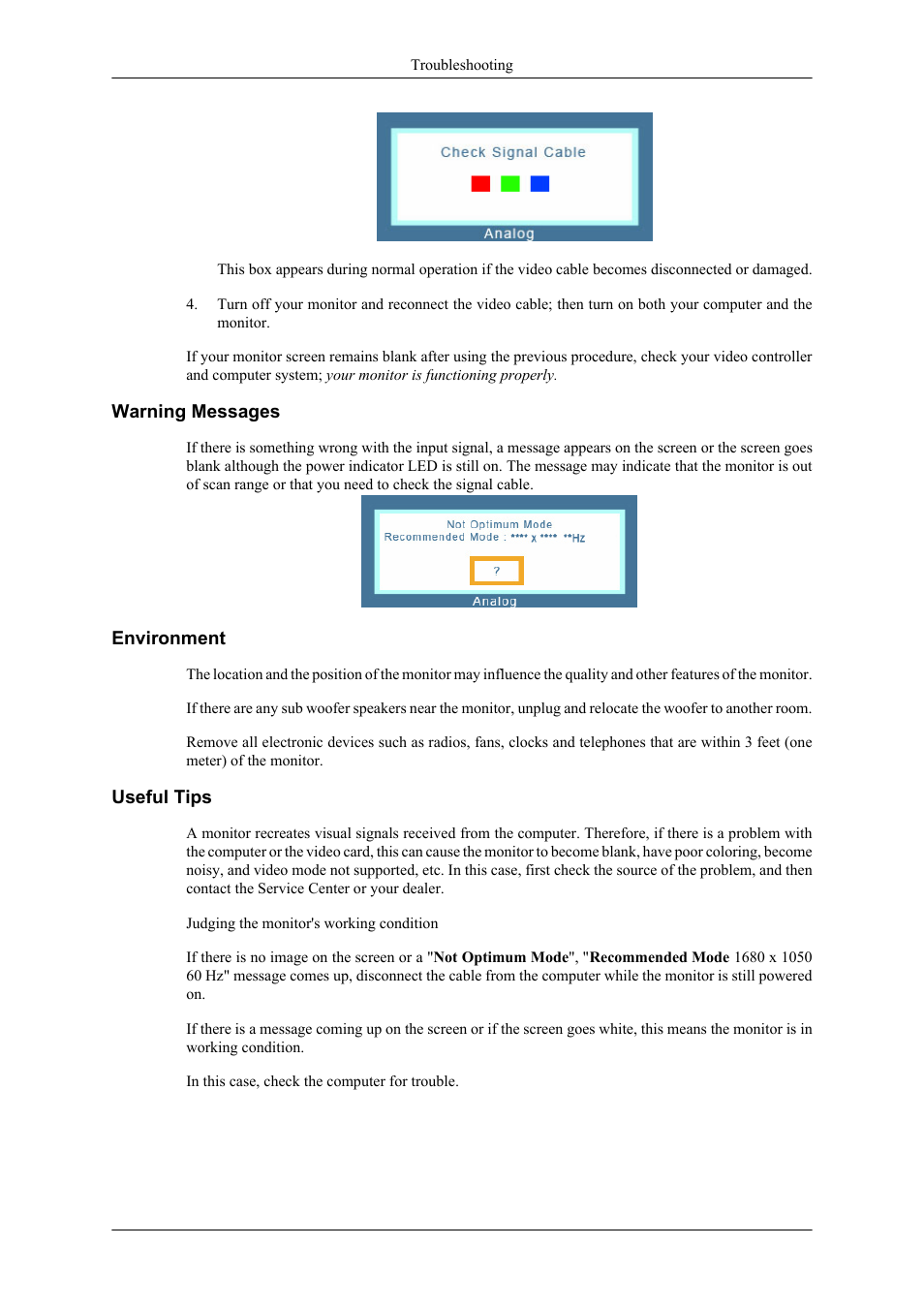 Warning messages, Environment, Useful tips | Samsung 2063UW User Manual | Page 26 / 31