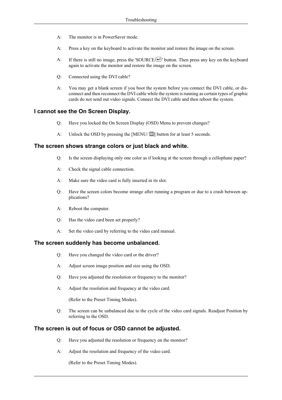 I cannot see the on screen display, The screen suddenly has become unbalanced | Samsung 2063UW User Manual | Page 28 / 31