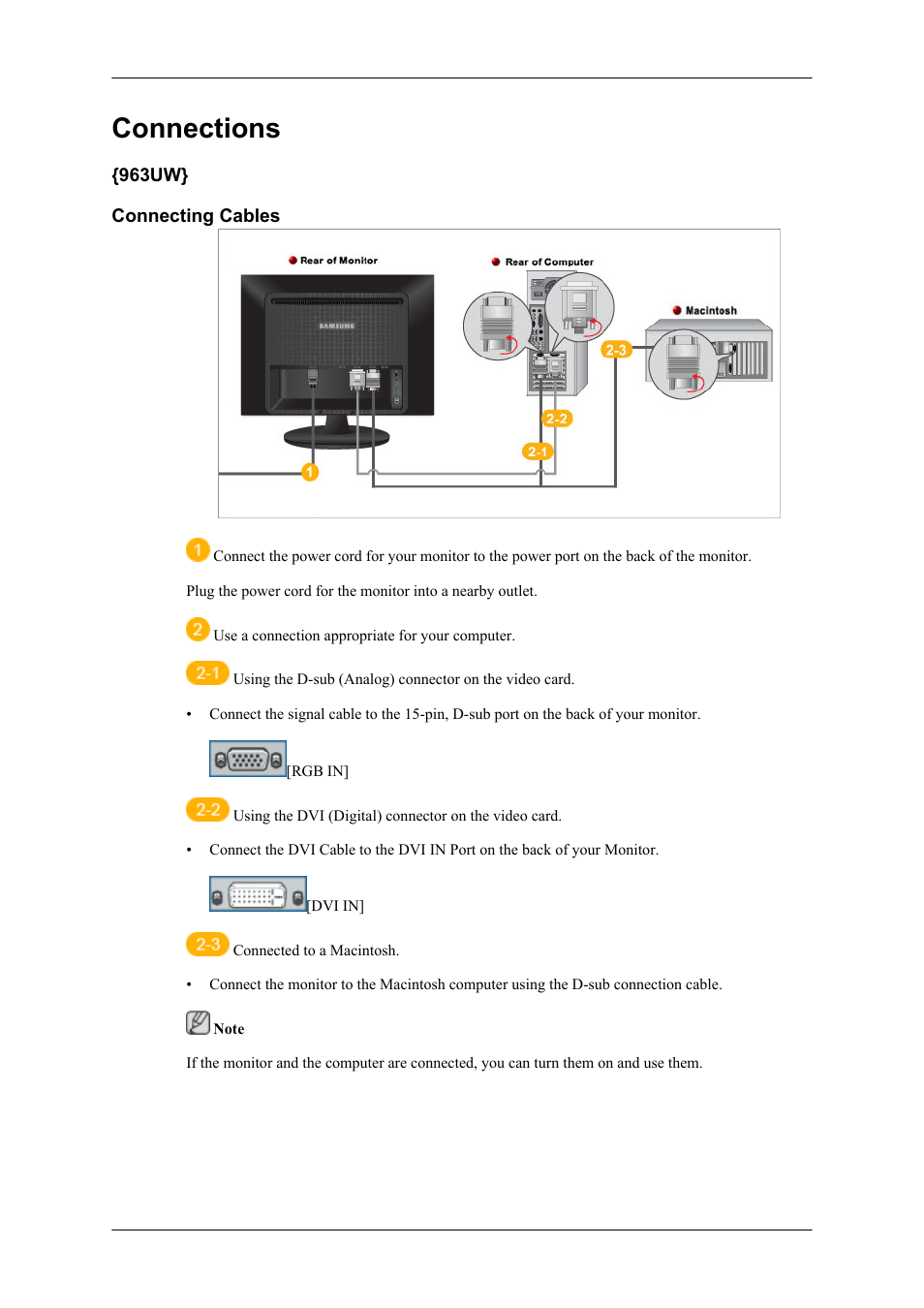 Connections, 963uw, 963uw} connecting cables | Samsung 2063UW User Manual | Page 9 / 31