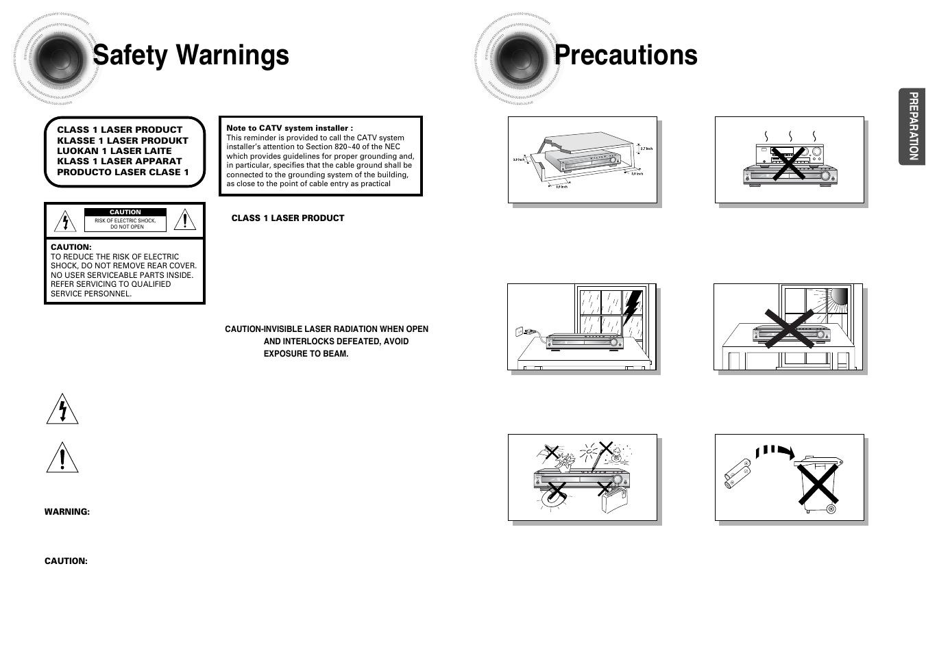 Preparation, Safety warnings, Precautions | 12 safety warnings precautions | Samsung HT-DB390 User Manual | Page 2 / 37