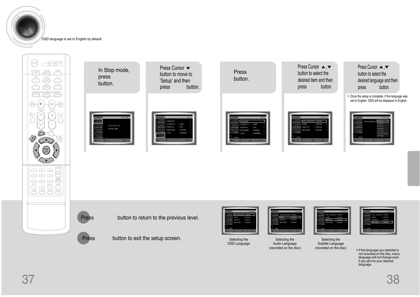 Setup, Setting the language | Samsung HT-DB390 User Manual | Page 20 / 37