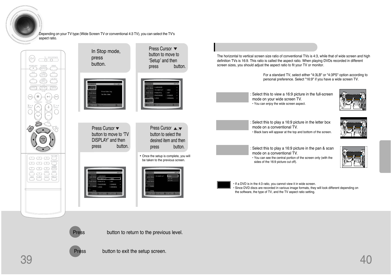 Setting tv screen type, 39 40 setting tv screen type | Samsung HT-DB390 User Manual | Page 21 / 37