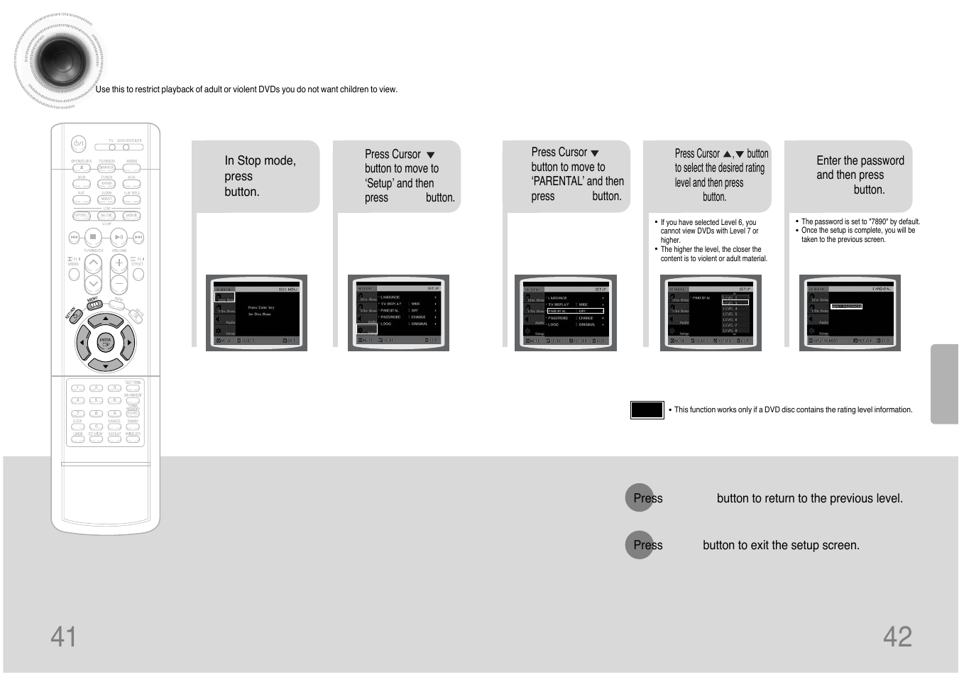 Setting parental controls (rating level), 41 42 setting parental controls (rating level) | Samsung HT-DB390 User Manual | Page 22 / 37