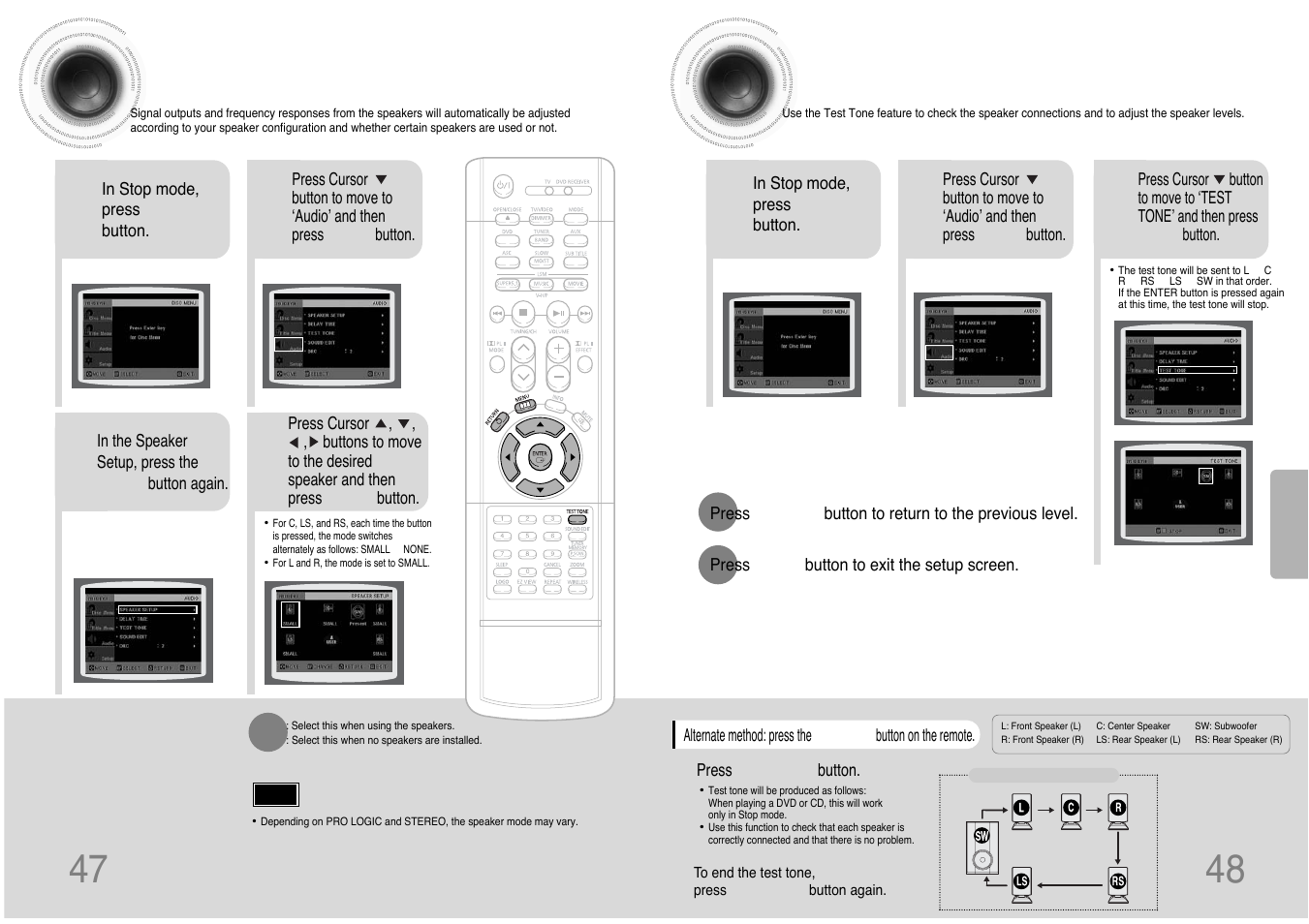 Setting the speaker mode, Setting the test tone | Samsung HT-DB390 User Manual | Page 25 / 37