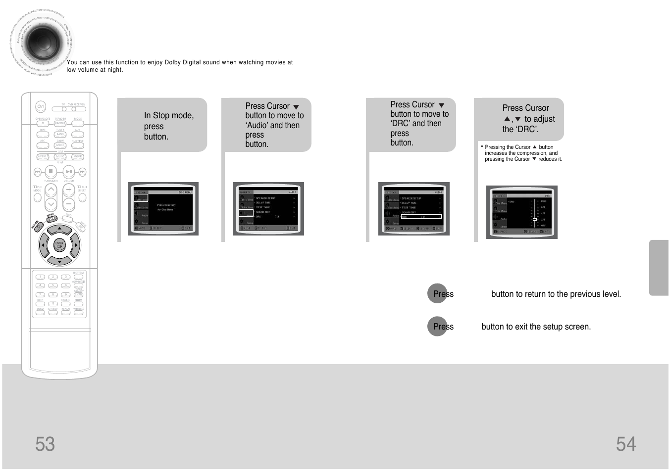 Setting the drc (dynamic range compression), 53 54 setting the drc, Dynamic range compression) | Samsung HT-DB390 User Manual | Page 28 / 37