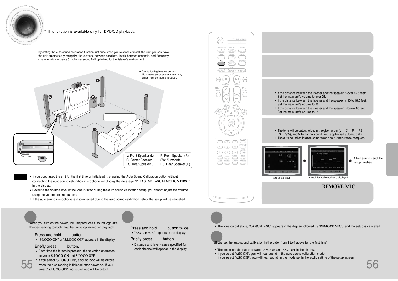 Auto sound calibration setup, 56 55 auto sound calibration setup | Samsung HT-DB390 User Manual | Page 29 / 37