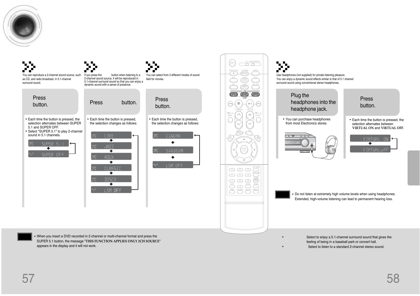 Live surround mode, Linear pcm, Lc r sw ls rs ta | Lc r sw ls rs, Lc r sw ls rs pbc chap prgm rds rt ta, Pbc chap prgm rds rt ta, Asc lsm v-h/p, Super 5.1, Music, Movie | Samsung HT-DB390 User Manual | Page 30 / 37