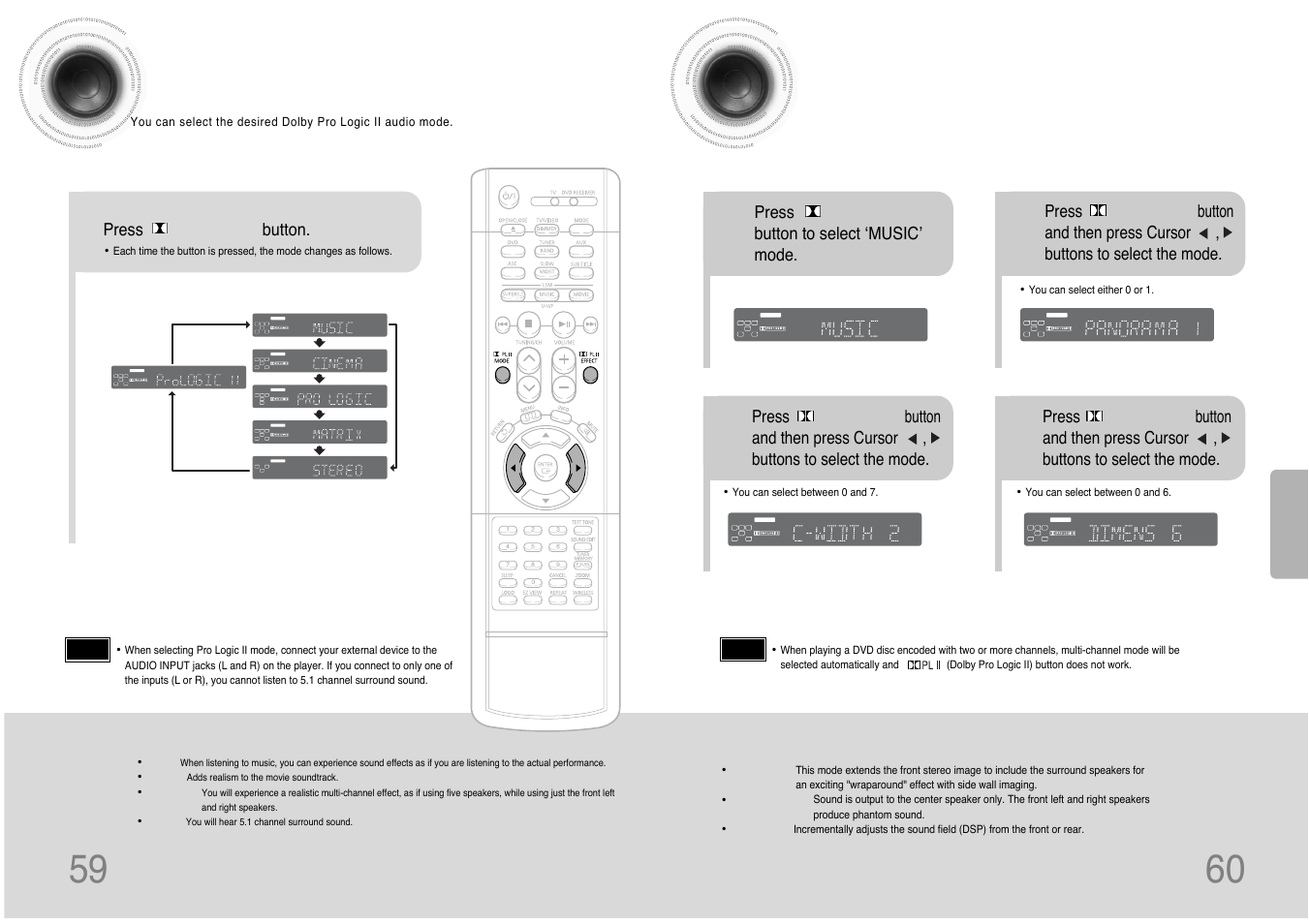 Dolby pro logic ii mode, Dolby pro logic ii effect, 59 60 dolby pro logic ii mode | Lc r sw ls rs, Press pl ii mode button, Setup | Samsung HT-DB390 User Manual | Page 31 / 37