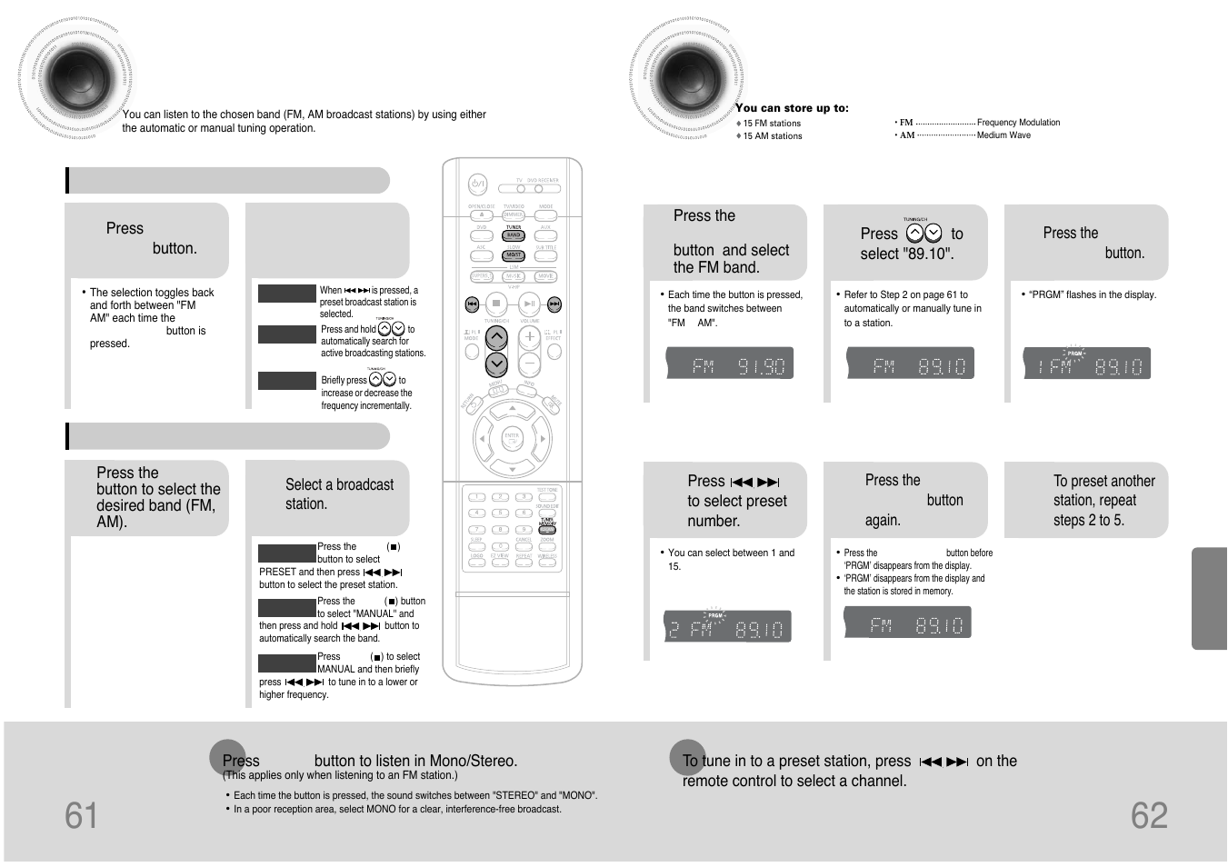 Radio operation, Listening to radio, Presetting stations | 61 62 listening to radio | Samsung HT-DB390 User Manual | Page 32 / 37