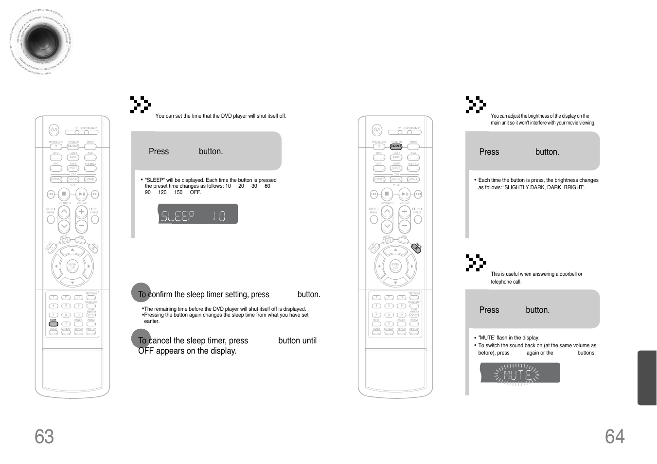 Miscellaneous, Convenient functions, 63 64 convenient functions | Sleep timer function, Adjusting display brightness, Mute function | Samsung HT-DB390 User Manual | Page 33 / 37